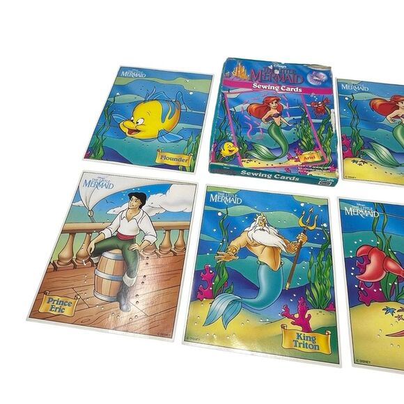 Disney Little Mermaid Sewing Cards 5 Cardboard Cards 1991 RoseArt No Ursula - Picture 3 of 11